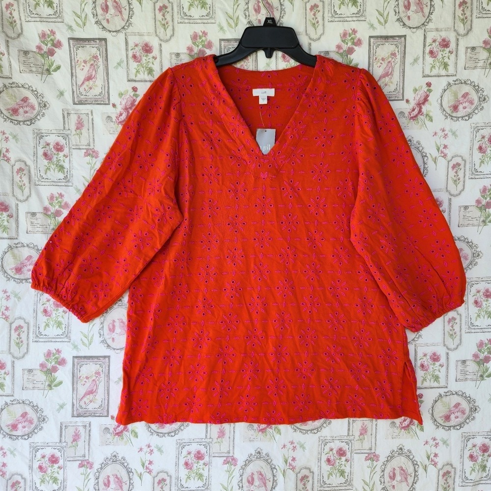J Jill Top Womens M Orange Pink Floral Eyelet Tunic V Neck Boho Peasant